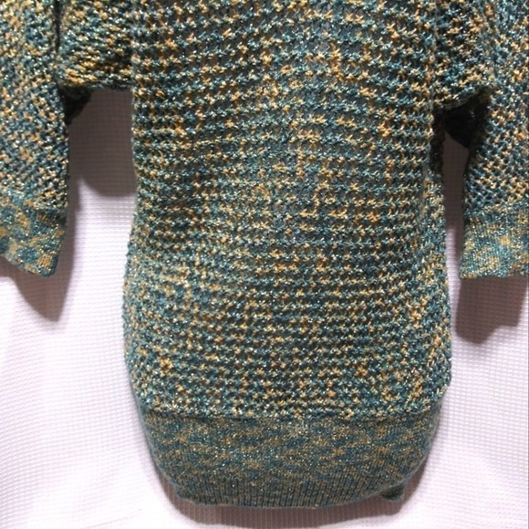 Shining Bright SWEATER Teal Tan Gold Silver Metallic Threads S/M Handmade - Picture 6 of 7